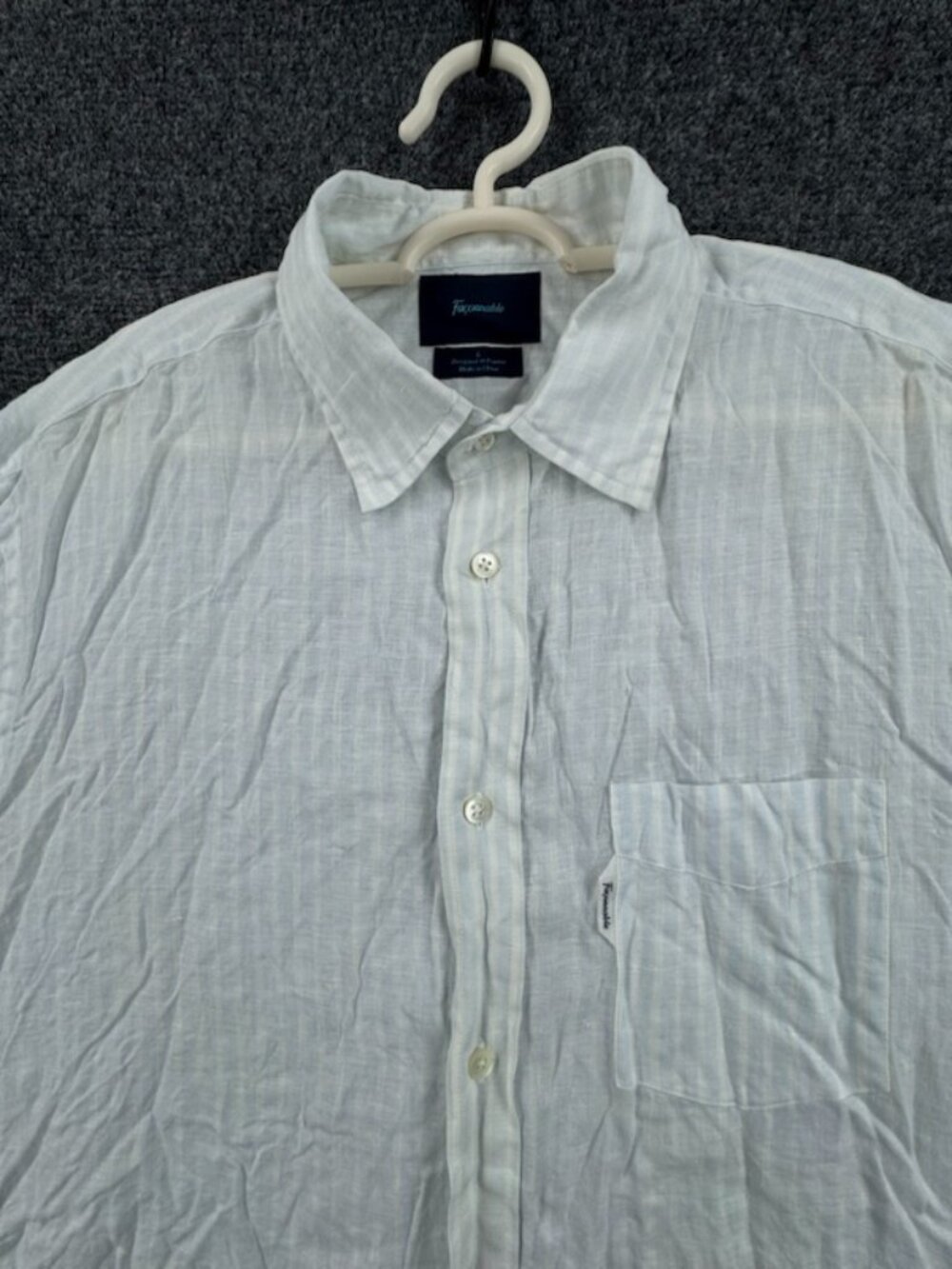 Faconnable Large Logo Striped Linen Men Short Sleeve White Blue Pocket Button Up